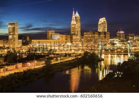 Cleveland skyline and Cuyahoga River. Cleveland, Ohio, USA.