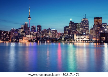 Night Skyline of Toronto, Ontario, Canada. 
The view from Cherry Street. 