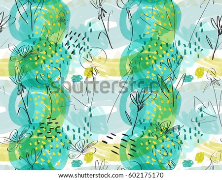 Roughly sketched dandelion flower green yellow.Creative abstract colorful seamless pattern. Tribal ethnic motives. Universal bright background for greeting cards, invitations. 