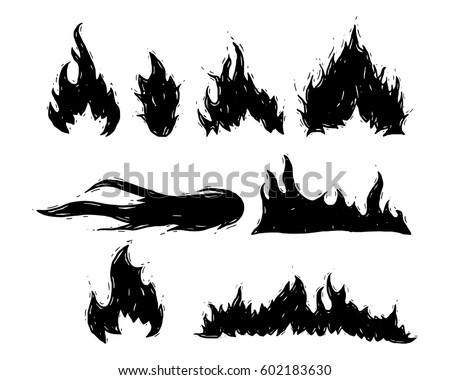 Set of hand drawn fire and fireball vector illustration