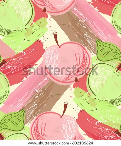 Repeating pattern with Hand drawn with pencils green pink apples big rough strokes with brown.Hand drawn with ink and colored with marker brush seamless background. 