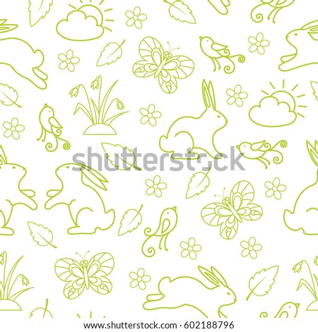 Spring seamless pattern with rabbits, butterflies and flowers.