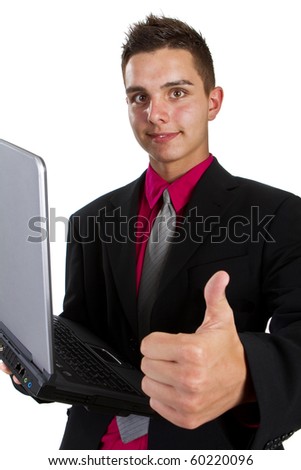 Young teenage businessman with laptop over isolated white background. Fresh young man with pink shirt.