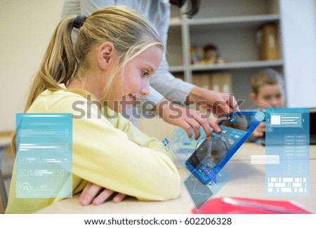 education, elementary school, learning, technology and people concept - little girl with teacher and tablet pc computer in classroom over virtual screens projections