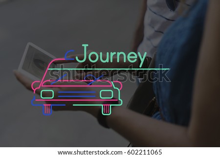 People Using Technology Digital Device with Car Icon Graphic