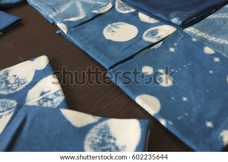 Thai indigo natural dye , Color shade and texture of fabric from blue indigo natural dye , Concept fashion