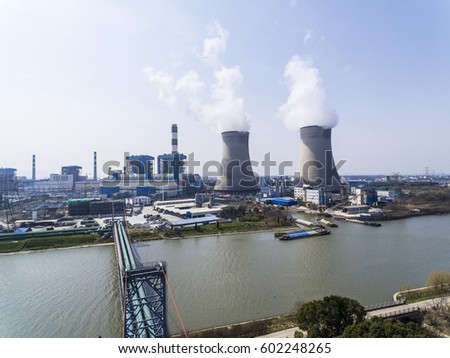 Aerial photography bird-eye view of Thermal power plant and chimney