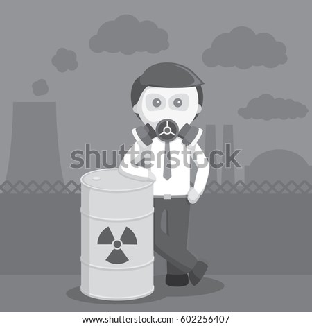 businessman with gas mask and toxic barrel black and white color style