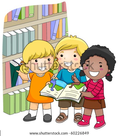 A Small Group of Kids Checking Books in the Library - Vector