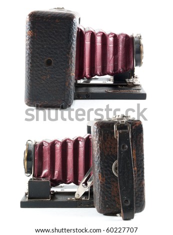 Two views of an antique bellowed film camera on an isolated white background.