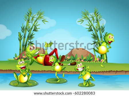 Five frogs living by the pond illustration
