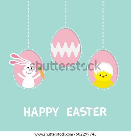 Three painting egg shell. Happy Easter text. Hanging painted egg set. Rabbit hare, chicken bird. Dash line. Greeting card. Flat design style. Cute decoration element. pastel color background. Vector 
