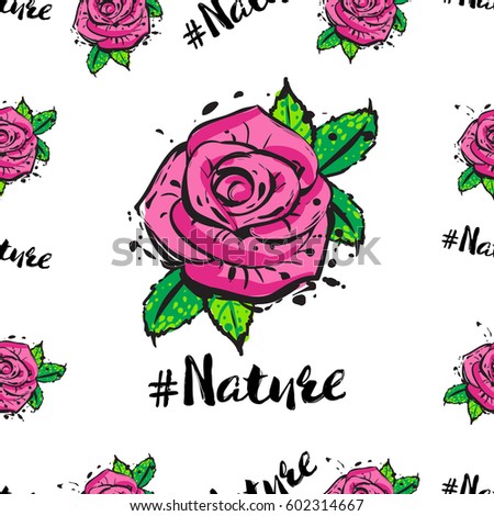 Fashion seamless pattern with rose flowers and hashtag nature. Green natural makeup and accessories stickers and patches collection. Vector fashion illustration in vogue style.