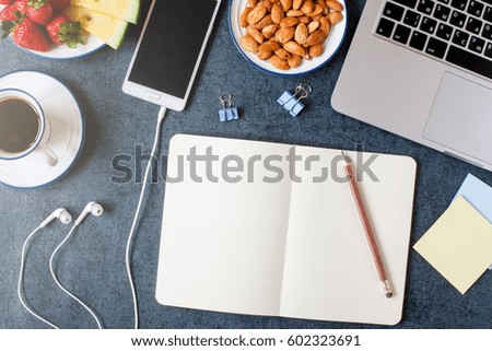 Laptop with a plan of action. Workplace with Keyboard, coffee, n