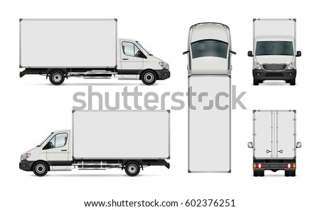 Van vector template for car branding and advertising. Isolated delivery truck on white background. All layers and groups well organized for easy editing. View from side, back, front and top. Royalty-Free Stock Photo #602376251
