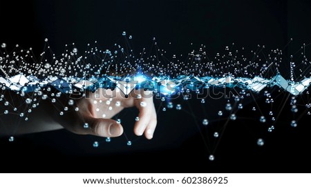 Businesswoman on blurred background touching abstract wave connection with dots and lines 3D rendering