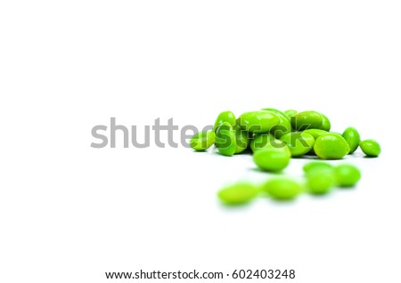 soft focus japanese food edamame nibbles, green soy beans on white background, isolated