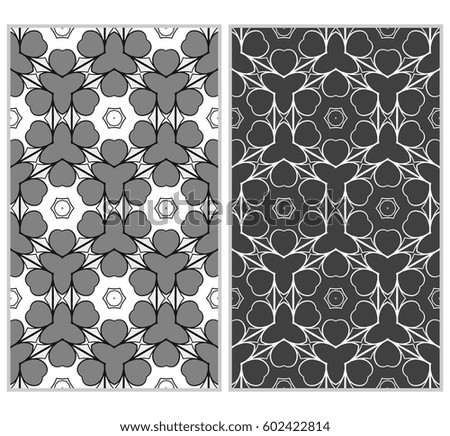 Set of 2 vertical e seamless lace pattern with elements of floral ornament, kaleidoscope mosaic. Different colored bases. vector illustration. For decorating invitations, fashion design, textiles