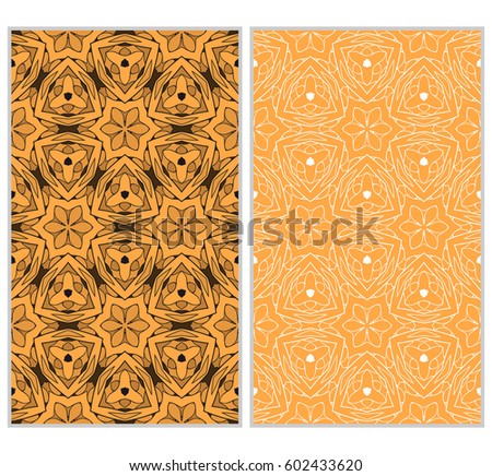 set of 2 vertical seamless patterns. The left is a colored pattern in the style of a kaleidoscope mosaic. The right a lacy texture with floral ornament. vector illustration.