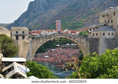 Stari Most, Mostar, Bosnia and Herzegovina at the time of Red Bull Cliff Diving Competition Royalty-Free Stock Photo #602433824