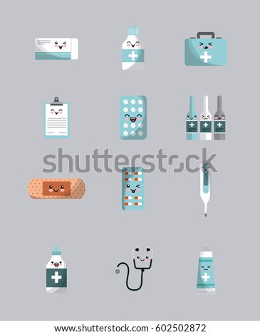 kawaii medicine icons over gray background. colorful design. vector illustration