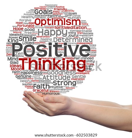 Concept conceptual positive thinking, happy or strong attitude circle word cloud in hands isolated on background metaphor to optimism, smile, faith, goals, courageous, goodness, happiness inspiration