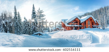 Winter house in mountain snow panoramic landscape at Christmas Royalty-Free Stock Photo #602516111