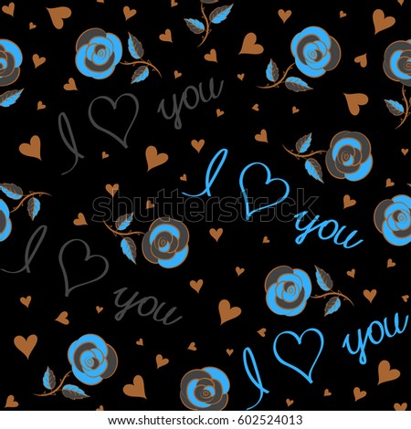 Valentines day sketch. Hand-drawn doodle seamless pattern with hearts, love letter and text in gray, brown and blue colors on a black background.