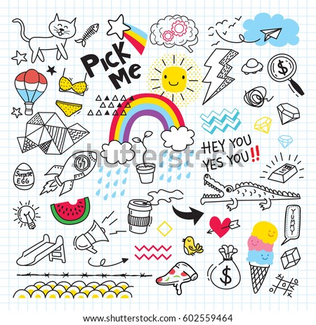 Set of colorful doodle on paper background