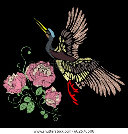 Embroidery of a crane and roses in vintage colors, for your neck, bags, shirts on a black background.