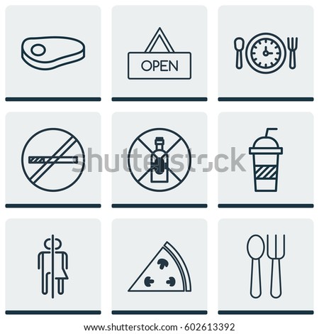 Set Of 9 Restaurant Icons. Includes No Drinking, Stop Smoke, Meal Hour And Other Symbols. Beautiful Design Elements.