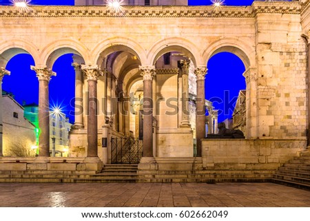 Scenic night view at exterior facade of outdoors public landmark Diocletian's Palace in Croatia, Split town. / Selective focus. Royalty-Free Stock Photo #602662049