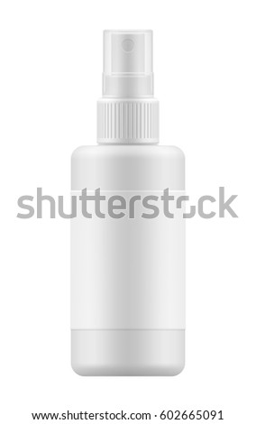  3d realistic bottle with sprayer. Mock-up white plastic packaging for medical spray. Blank template of container for liquid. Packaging of aerosol isolated on background.