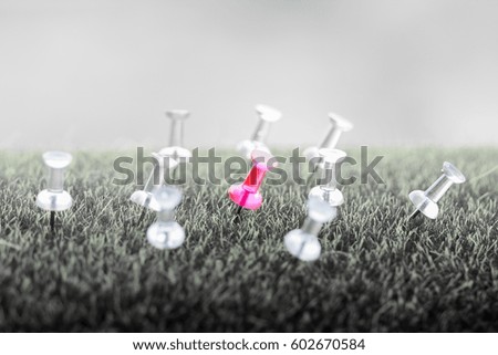 a pink needle surrounded by White needles on turf - Conceptual picture - dark background