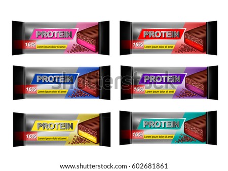 Chocolate protein bar. sports nutrition . Packaging design, vector illustration Royalty-Free Stock Photo #602681861