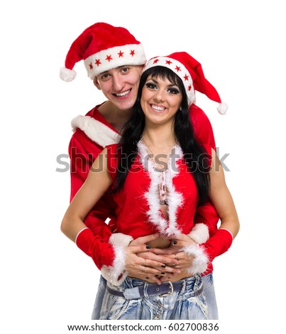 Happy christmas couple, isolated over white background.