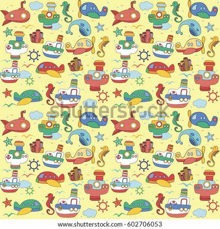 Vector Bright Colorful Illustration Seamless Pattern Of the Sea / Ocean/ Air World In Childish Cartoon Doodle Style