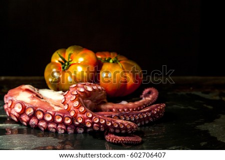 Fresh octopus on black background, still life with octopus tentacles