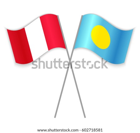 Peruvian and Palauan crossed flags. Peru combined with Palau isolated on white. Language learning, international business or travel concept.