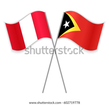 Peruvian and Timorese crossed flags. Peru combined with East Timor isolated on white. Language learning, international business or travel concept.
