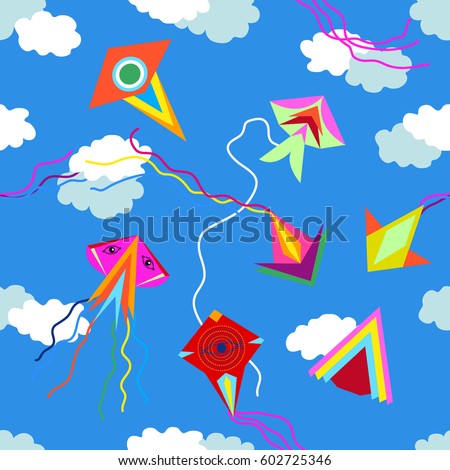 Colorful kites in the sky. Seamless vector pattern with bright design elements. Children textile collection.