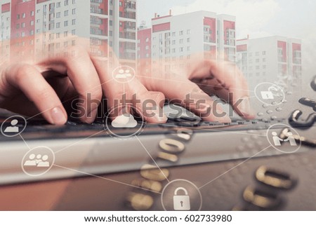 Female hand typing on laptop computer keyboard. Internet security concept