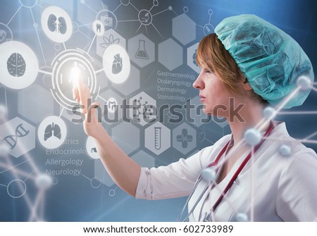 Beautiful female doctor and virtual computer interface in 3D illustration