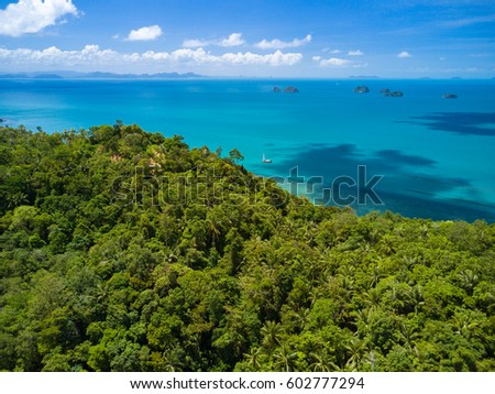Tropical Jungle hill over the sea, Aerial drone photo tropical turquoise water Koh Samui Island, Thailand