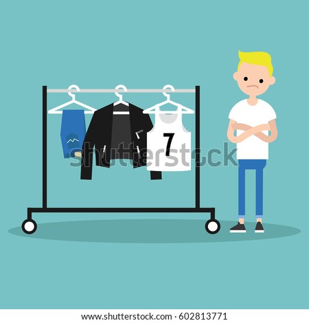 What to wear. Young concerned character looking at the row of clothes hanging on the open hanger. Clothes rack. Rail. Wardrobe / flat editable vector illustration, clip art