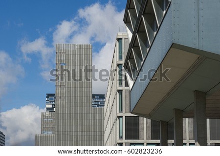 view of a different facades of modern buildings in Zurich