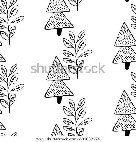 Hand drawn textured leaves and tree. Modern black and white pattern