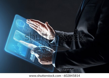 business, people and future technology concept - close up of businessman hands with transparent tablet pc computer and virtual screen projection over black background