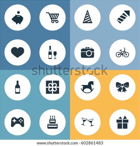 Vector Illustration Set Of Simple Holiday Icons. Elements Celebrating, Salute, Resonate And Other Synonyms Rocket, Cake And Sweetmeat.