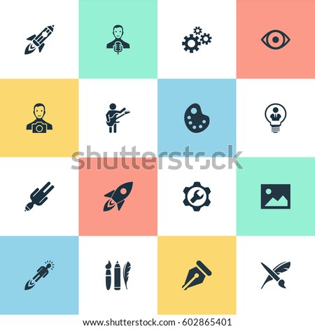 Vector Illustration Set Of Simple Creative Thinking Icons. Elements Drawing Tool, Entrepreneur, Design Instruments And Other Synonyms Warning, View And Galaxy.